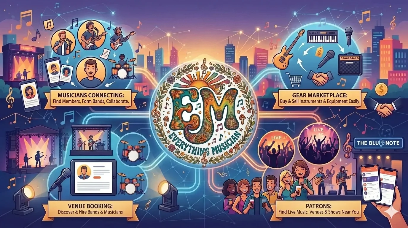 Everything Musician &mdash; musicians connecting to find members and form bands,
                      a gear marketplace for buying and selling instruments and equipment, venue booking to
                      discover and hire bands, and patrons finding live music and shows near them.